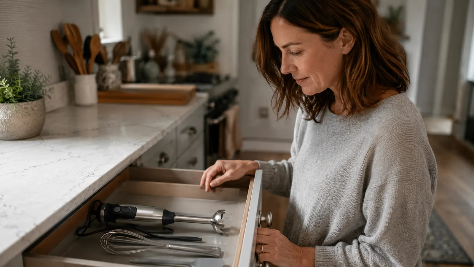 A narrow drawer holding an immersion blender alongside other small kitchen tools