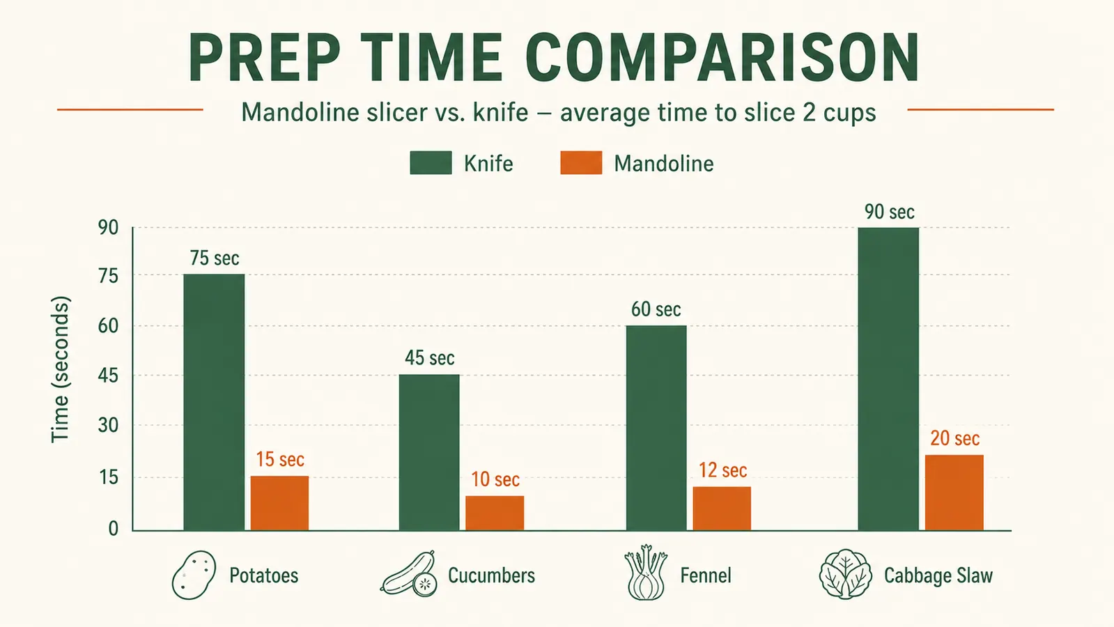 Bar chart comparing minutes spent slicing vegetables with a knife versus with a mandoline slicer