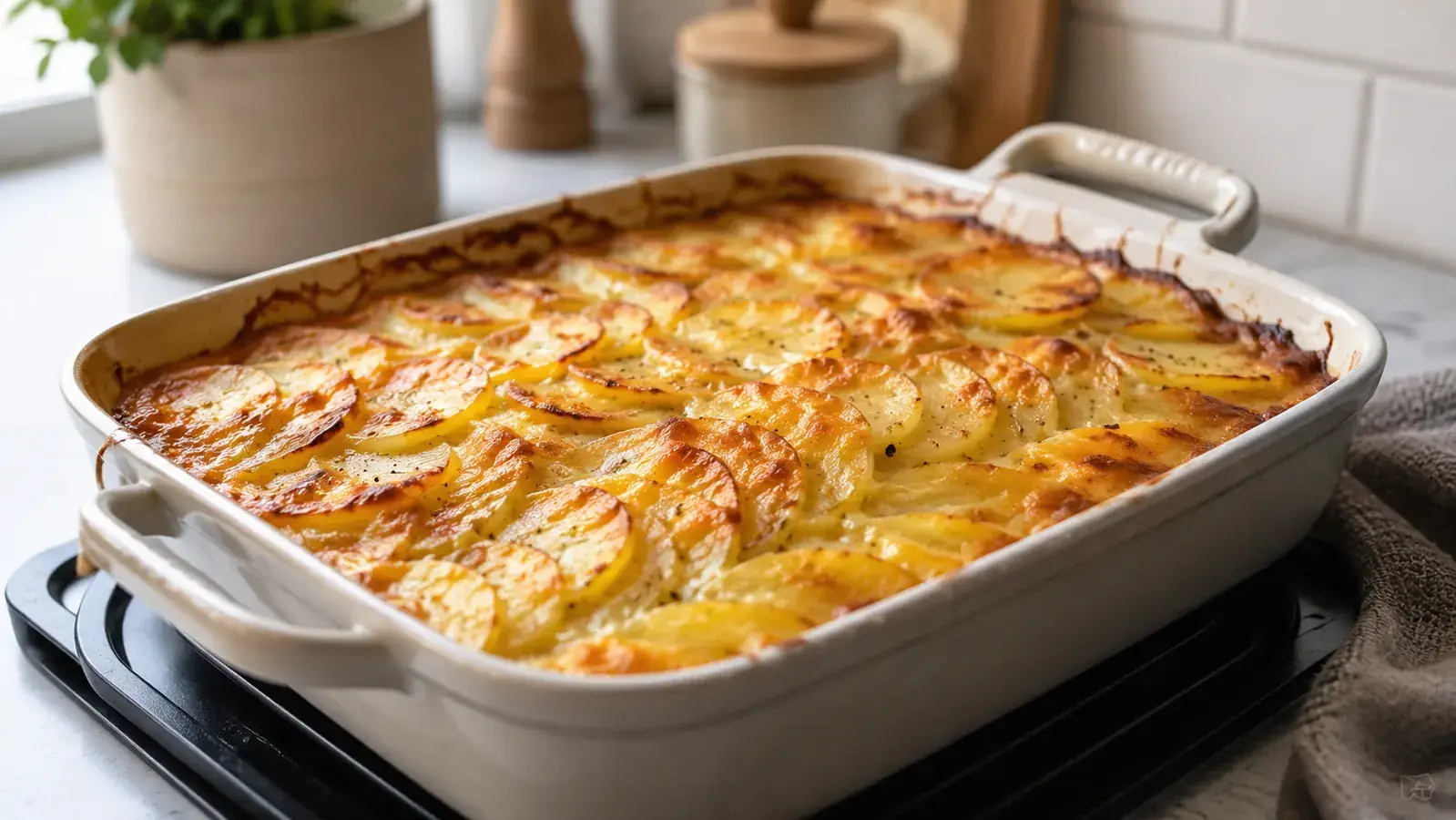 A finished potato gratin with visibly even, thin layers cooling on a stovetop