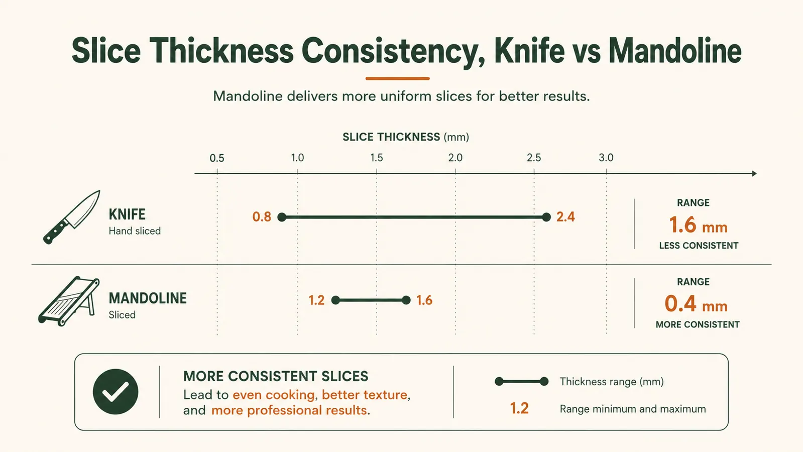 Simple chart comparing potato slice thickness consistency between hand-knife slicing and mandoline slicing
