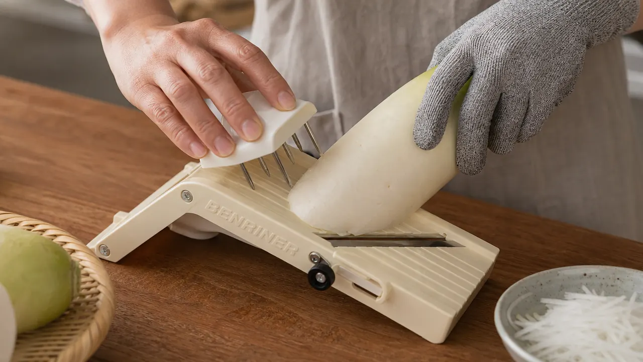 Hand guiding a daikon radish through the Benriner mandoline using the hand guard, fingers visibly clear of the blade