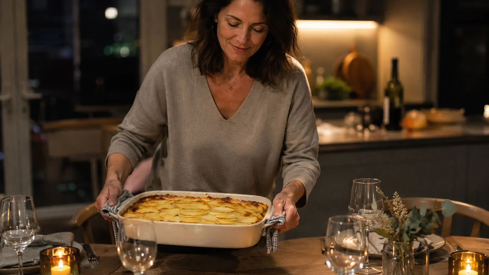 A home cook plating a potato gratin made with thin, evenly sliced potatoes