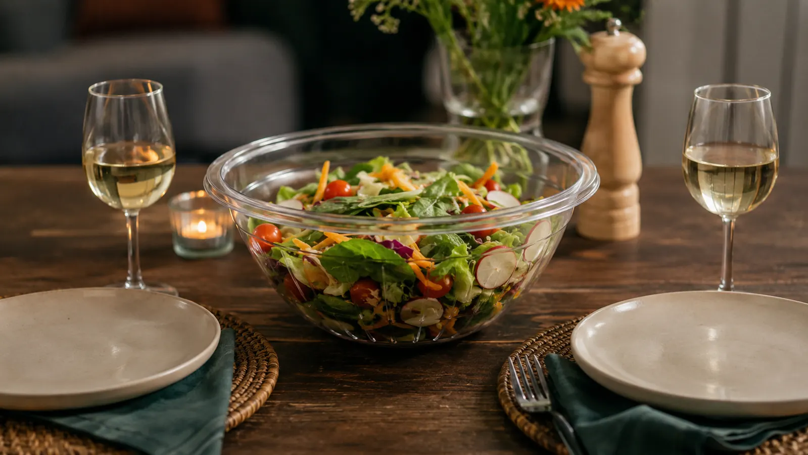 Cuisinart salad spinner bowl doubling as a serving bowl at a dinner table with a finished salad