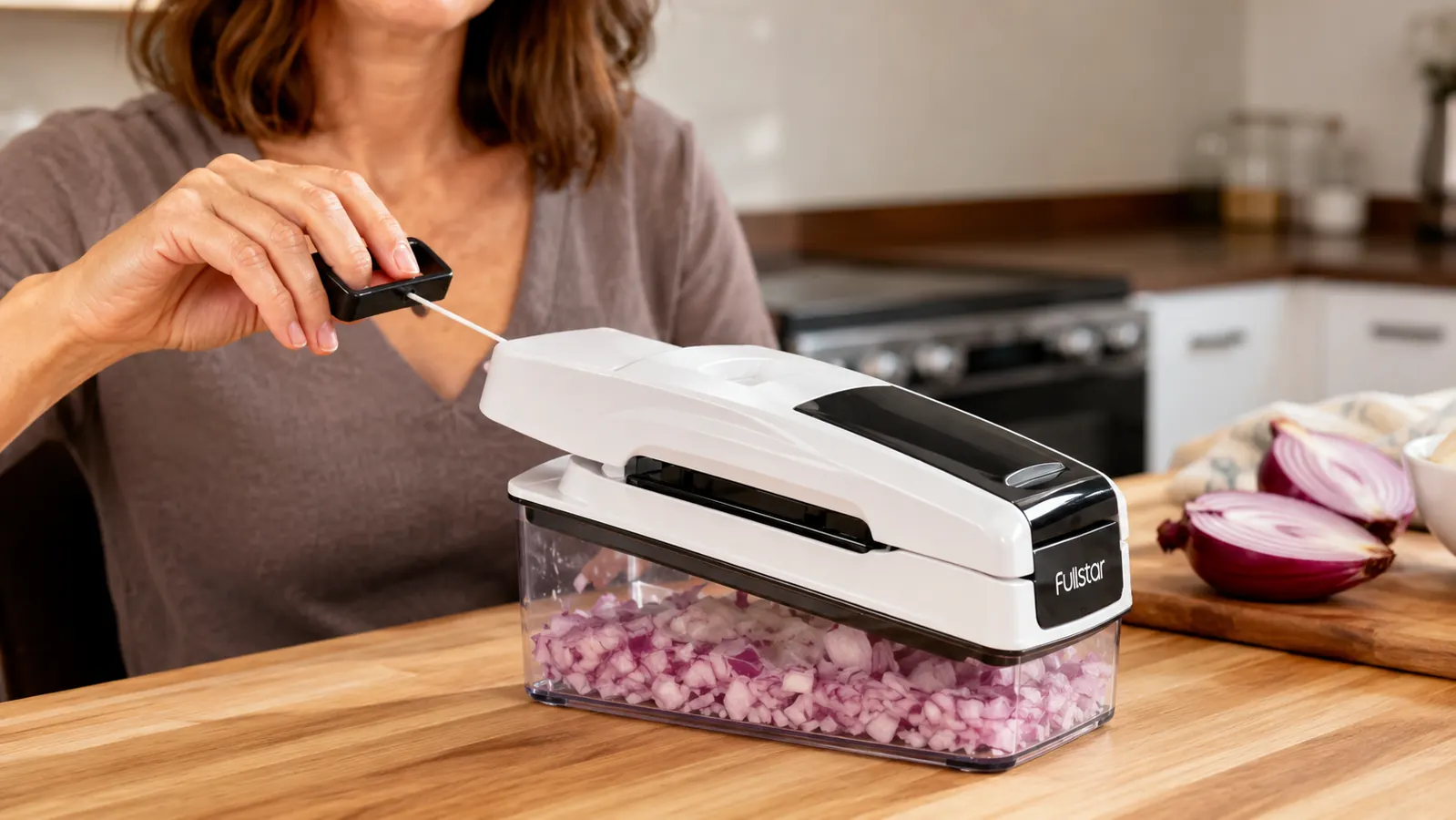 Hand pressing down the pull cord on a vegetable chopper to dice an onion into the attached container