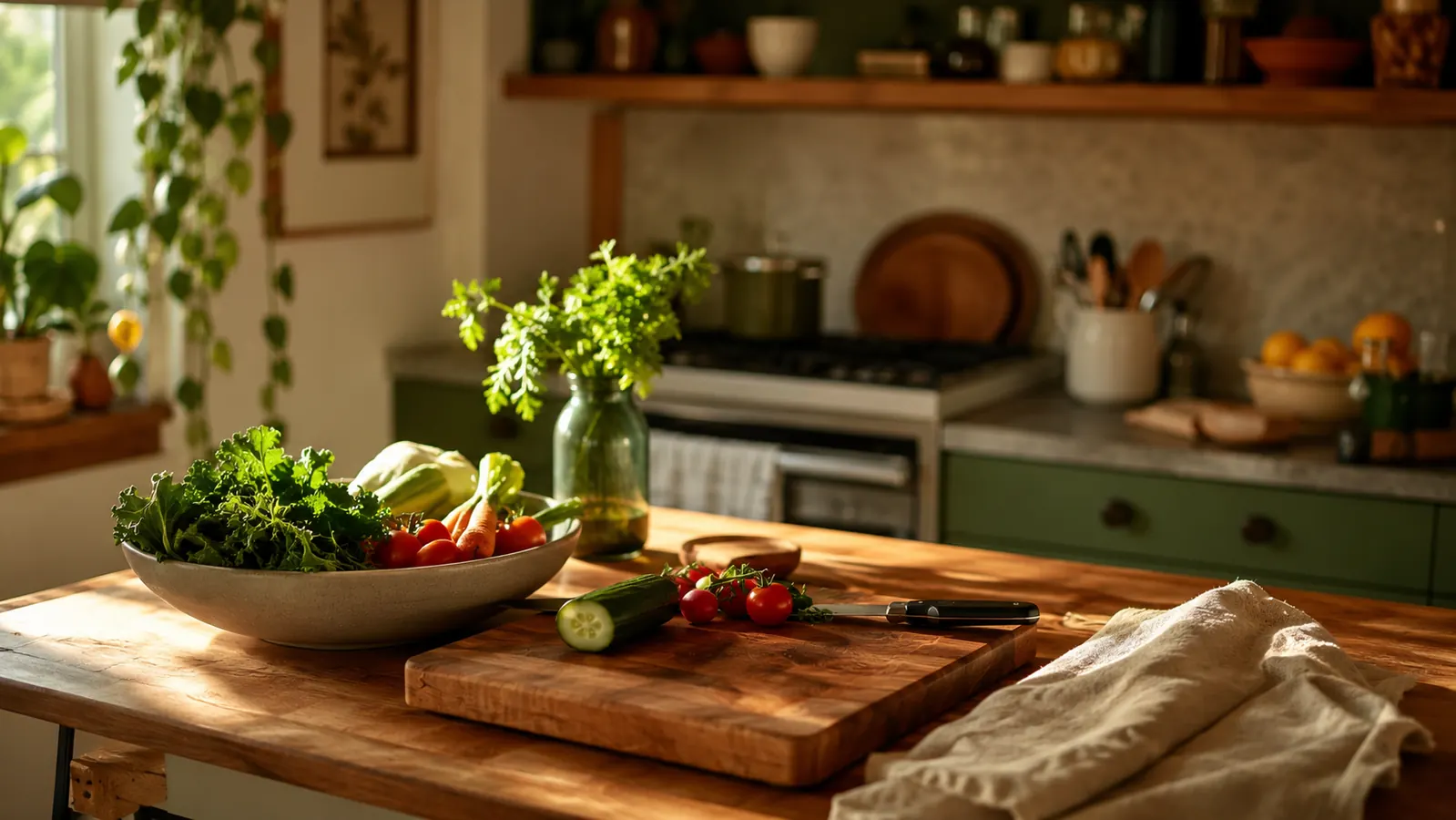 A bright, tidy home kitchen counter with a wooden cutting board, fresh vegetables, and everyday kitchen gadgets