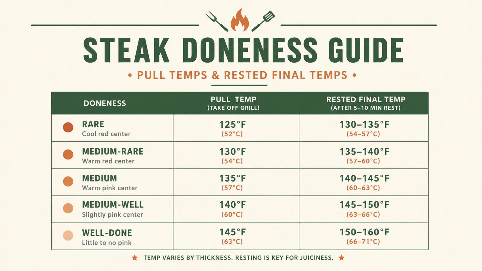 Chart showing steak doneness temperatures from rare to well-done, with pull temperature and rested final temperature marked for each