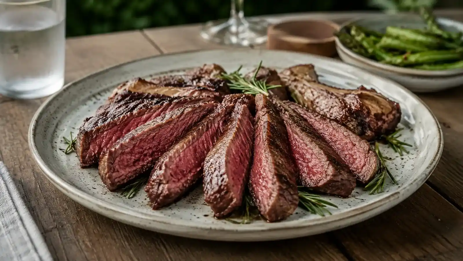 A plate of sliced medium-rare steak with a warm pink center, next to a side salad, on an outdoor dinner table