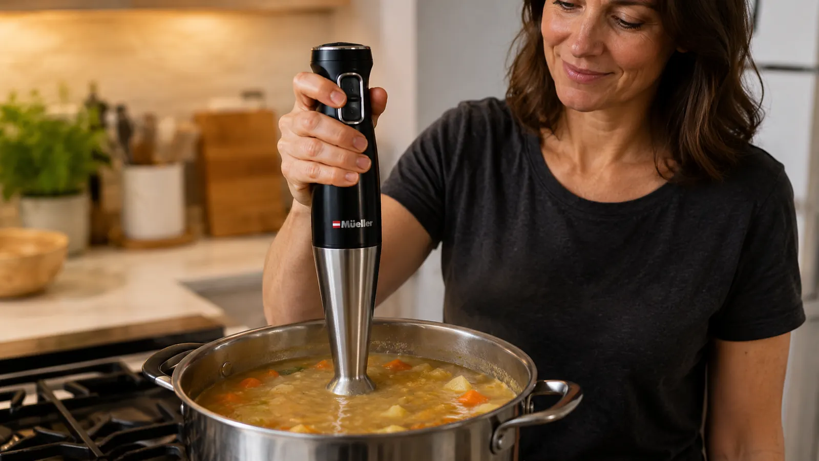 Hand holding an immersion blender straight down into a pot of soup, blending in slow circles