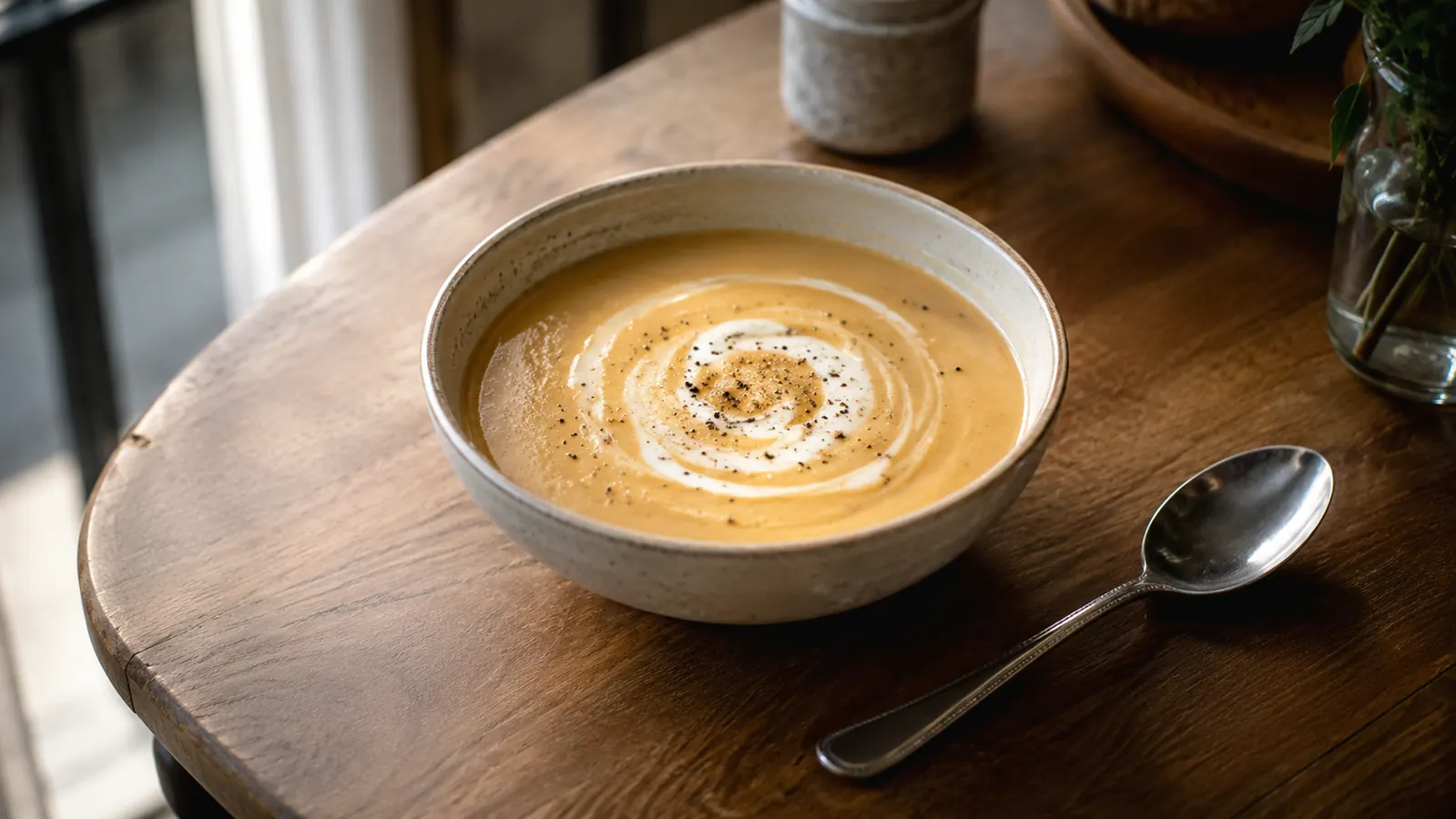 A bowl of smooth pureed soup with a swirl of cream on top, sitting on a small kitchen table