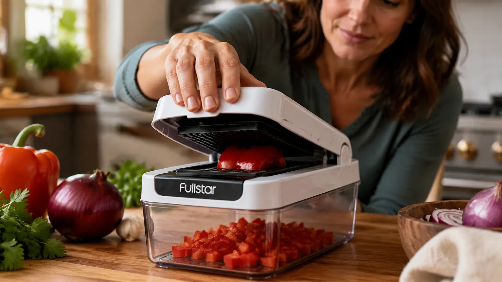Hand pressing down on a vegetable chopper handle over a cutting board, diced bell peppers falling into the attached container