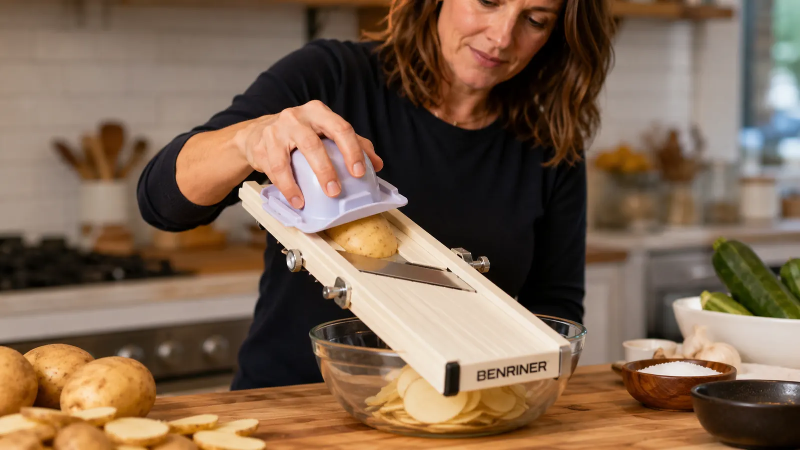 Hand using the hand guard to push a potato across a mandoline slicer blade over a bowl