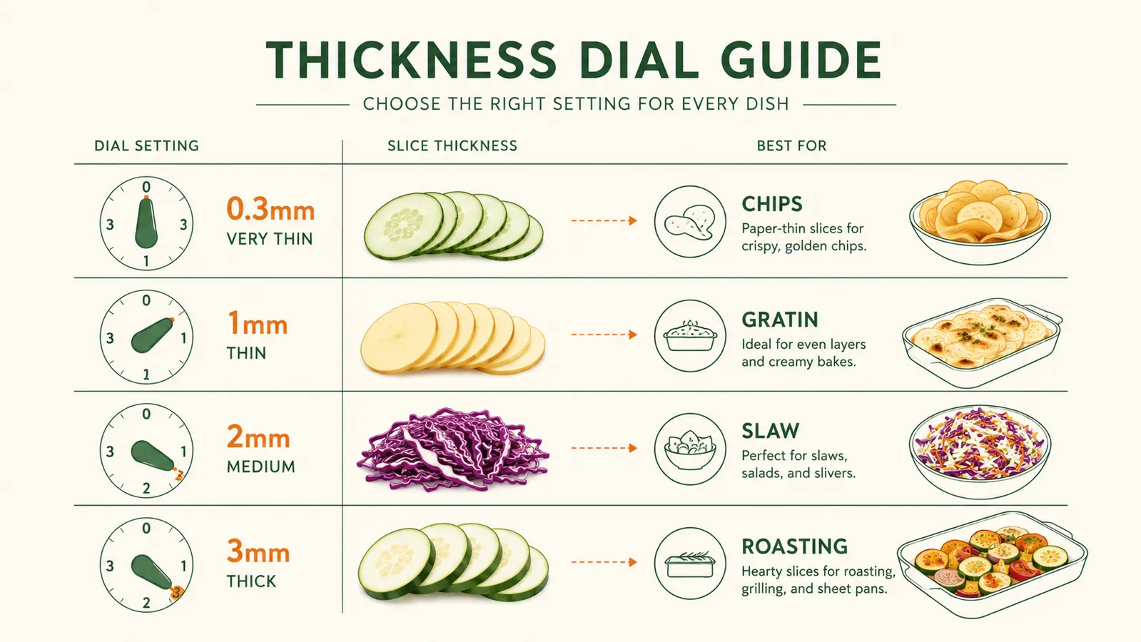 Chart showing recommended mandoline blade thickness settings for different vegetable dishes