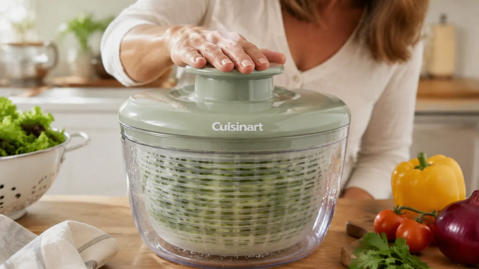 Hand pressing down on the top button of a salad spinner as water sprays against the inside of the clear bowl