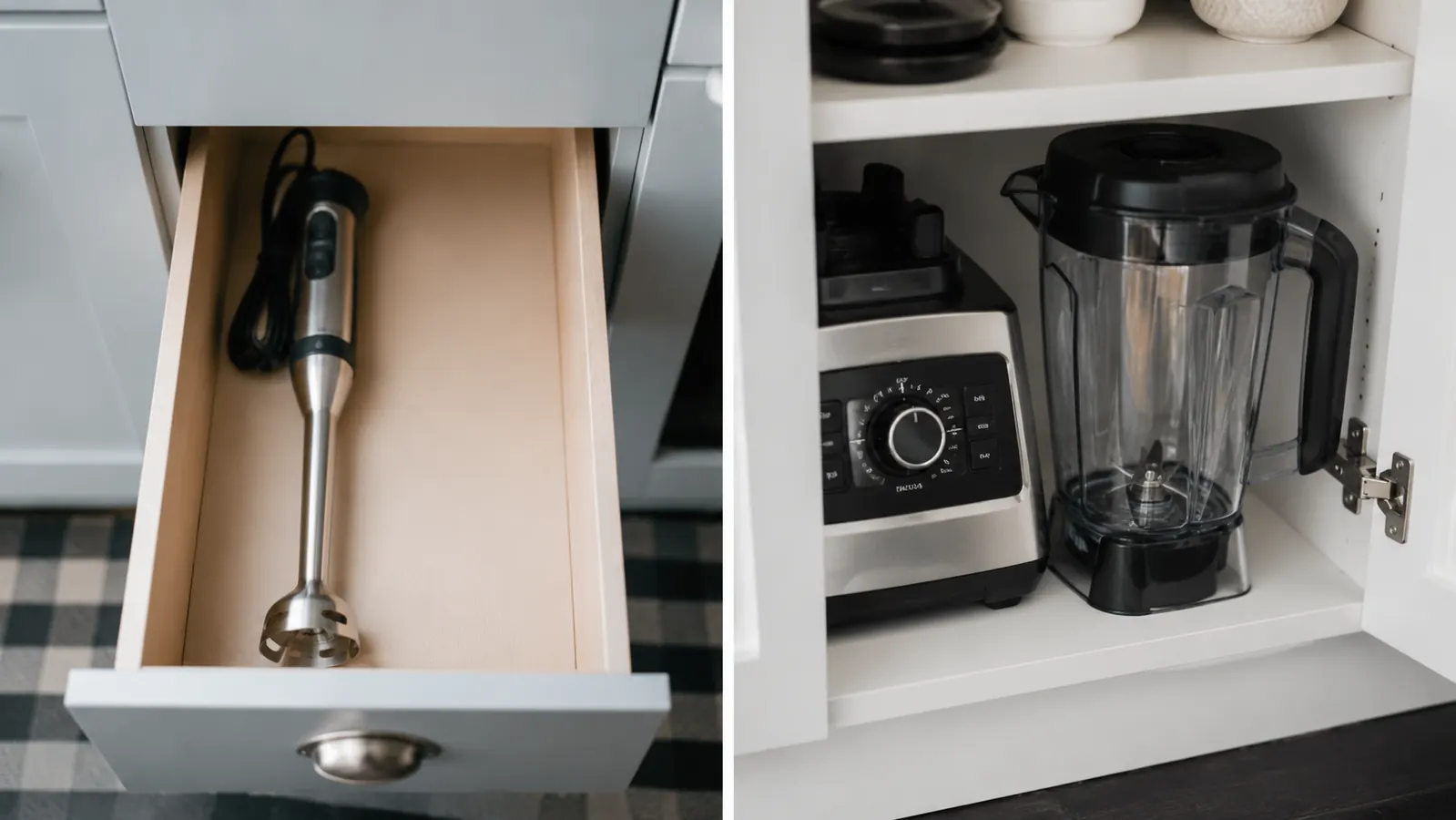 Immersion blender stored upright in a narrow kitchen drawer next to a countertop blender pitcher taking up shelf space