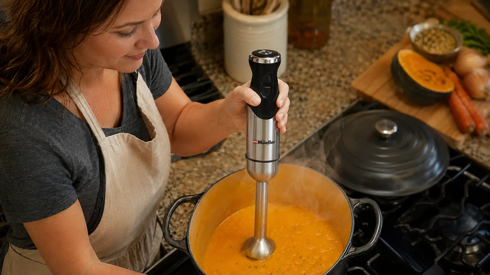 Hand holding a handheld immersion blender directly in a pot of simmering butternut squash soup