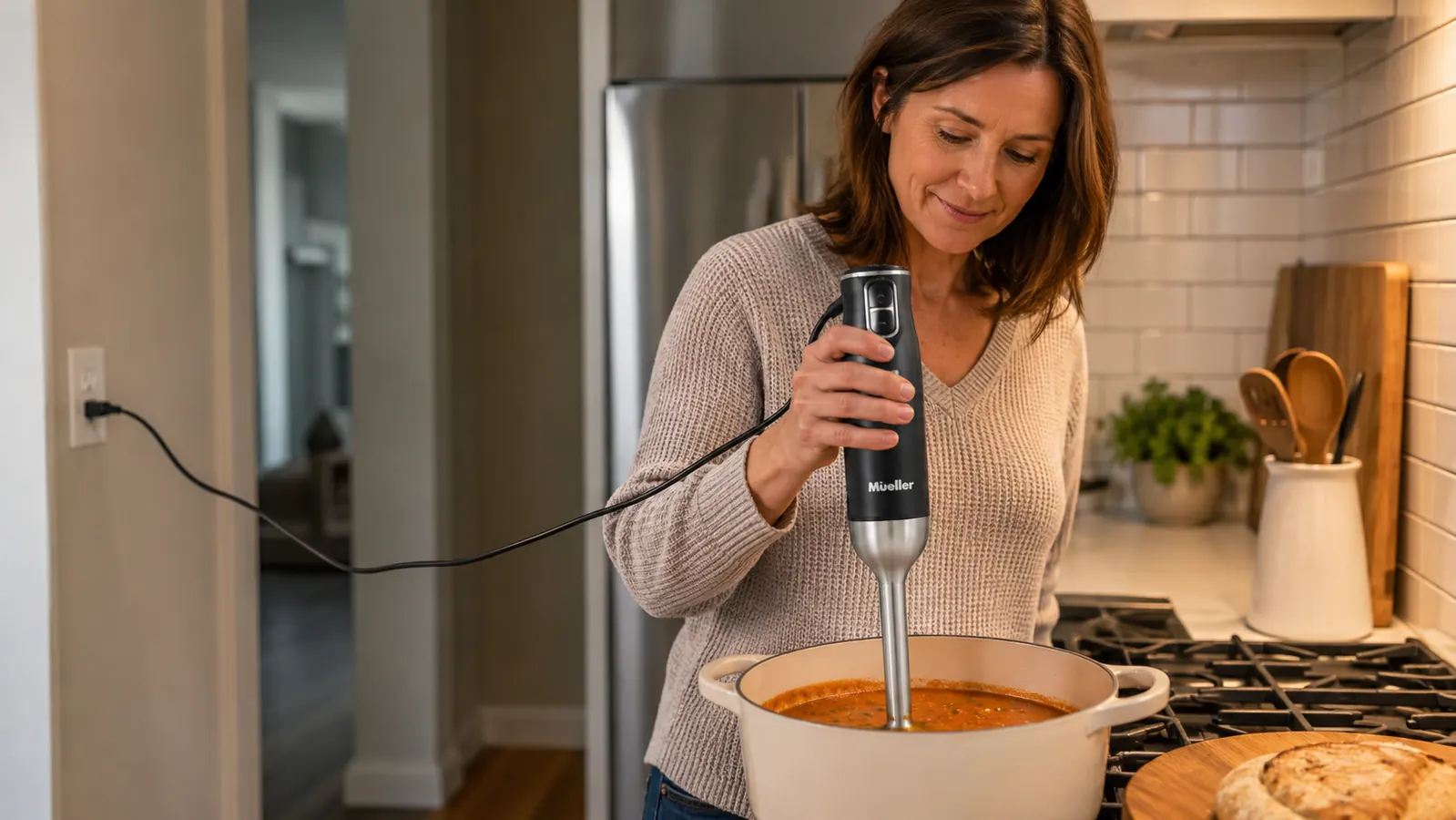 Hand holding the Mueller immersion blender's power cord stretched taut toward a wall outlet across a counter