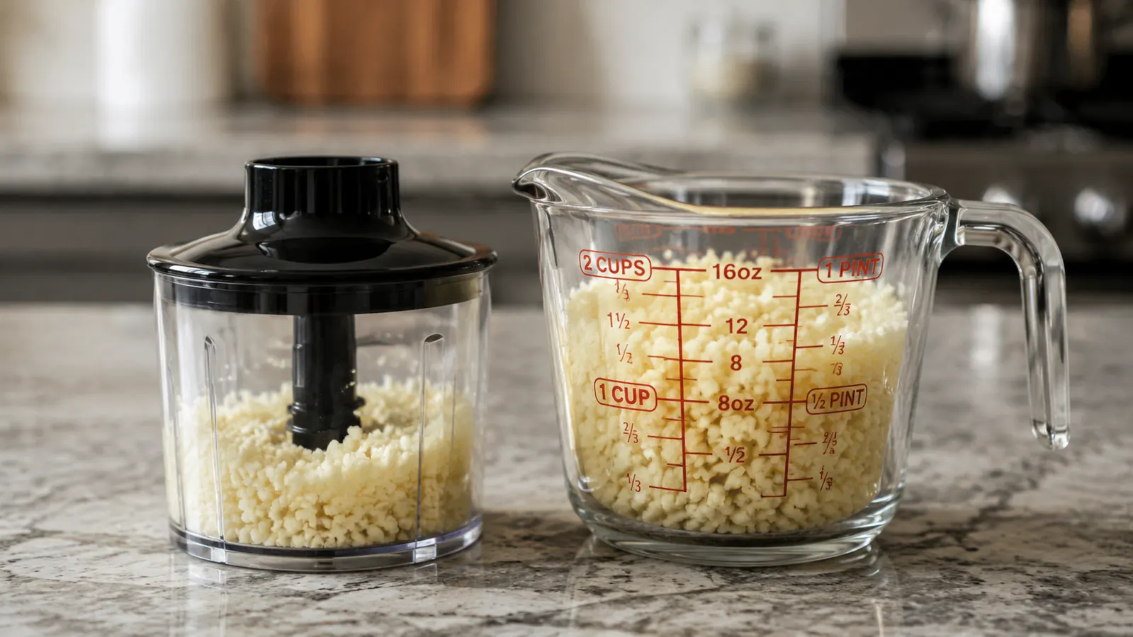 Small plastic chopper beaker attachment sitting next to a measuring cup showing its actual capacity