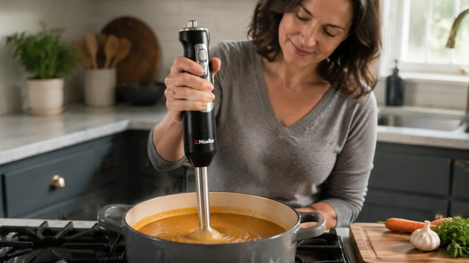 Hand holding the Mueller immersion blender at an angle, blending soup directly in a stockpot
