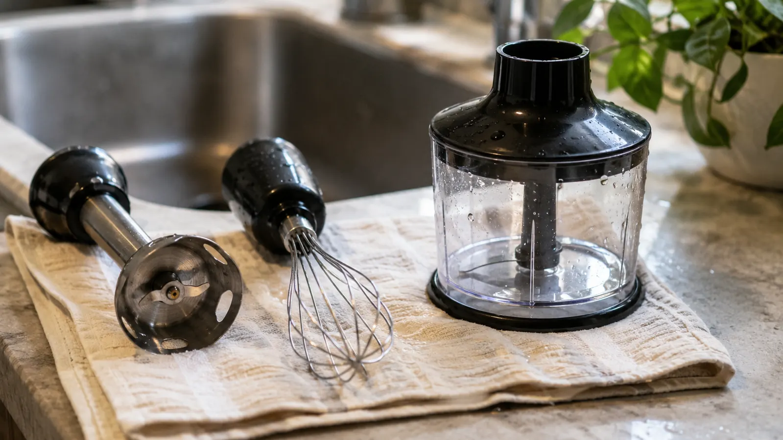 Mueller immersion blender parts, whisk attachment and chopper beaker, drying on a dish towel by the sink