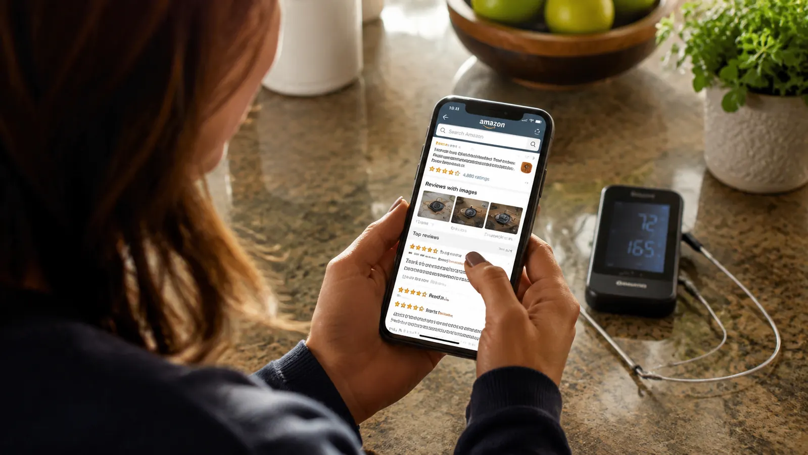 Hand holding a phone displaying a one-star Amazon review while a meat thermometer sits on the counter nearby