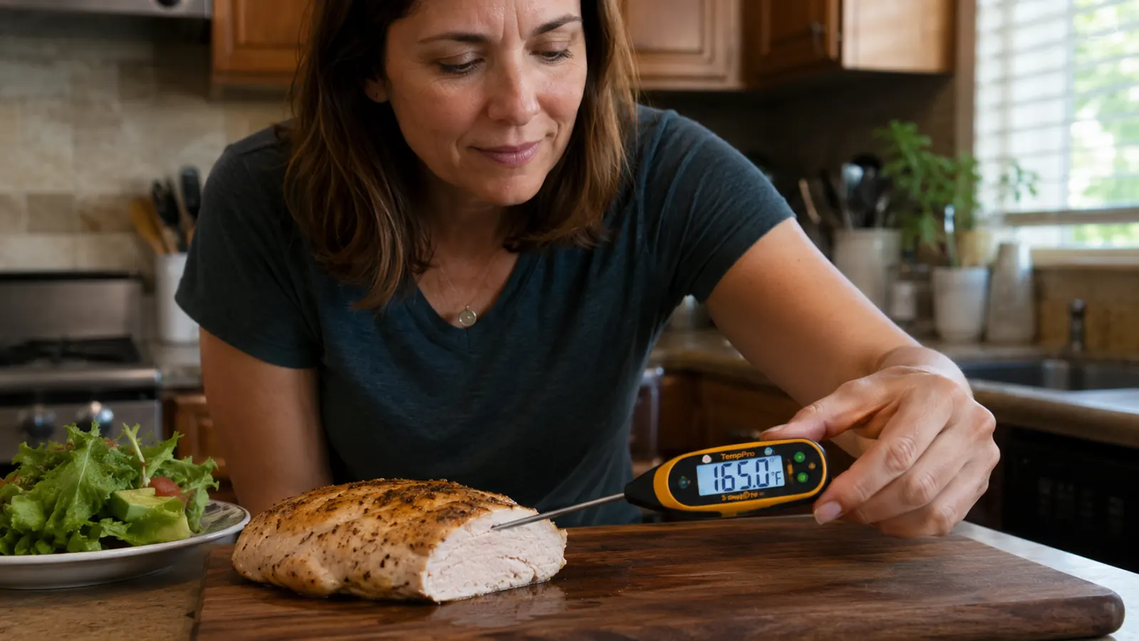 Close-up of the TempPro TP17 probe inserted into a chicken breast with the display reading temperature