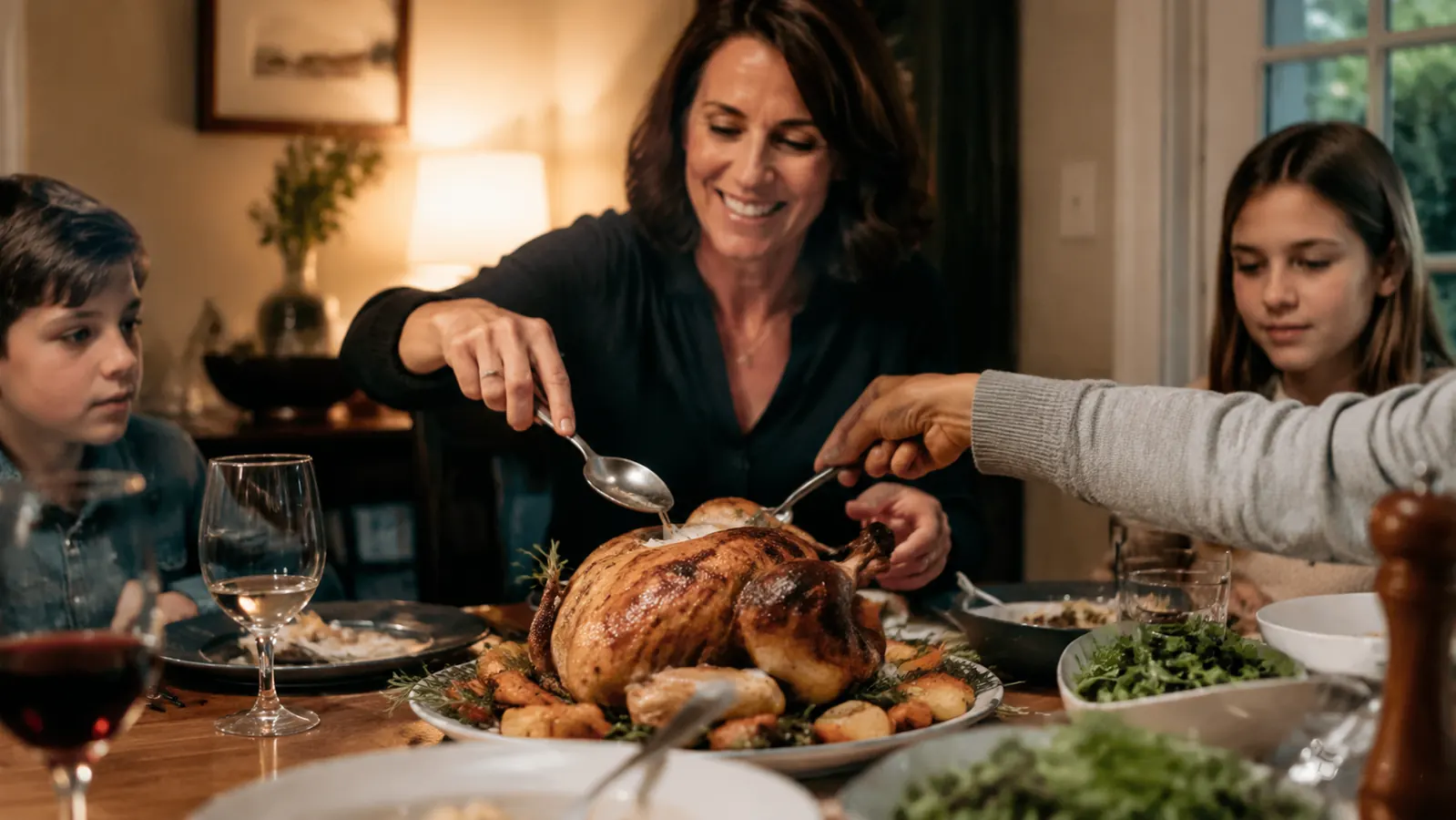 Family dinner table set with a roast chicken and side dishes, everyone reaching in to serve