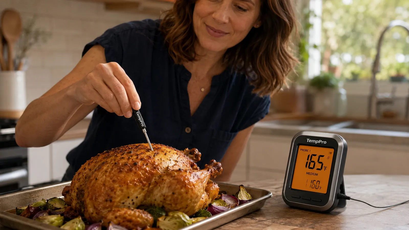 Close-up of a hand inserting the TempPro dual probe into a whole roast chicken while the base unit displays the temperature on its backlit LCD